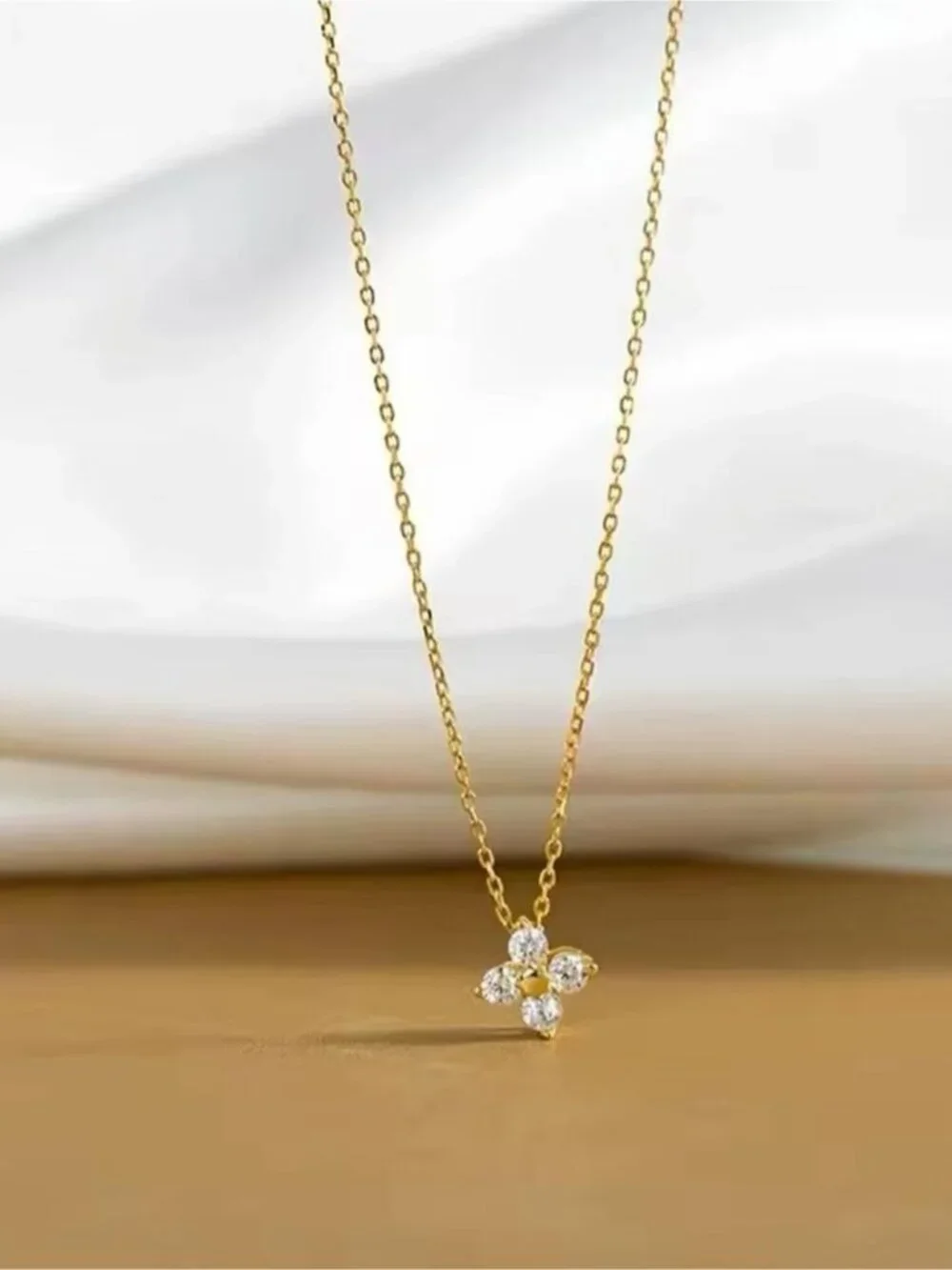 Gold Clover Pendant Necklace with White Stones